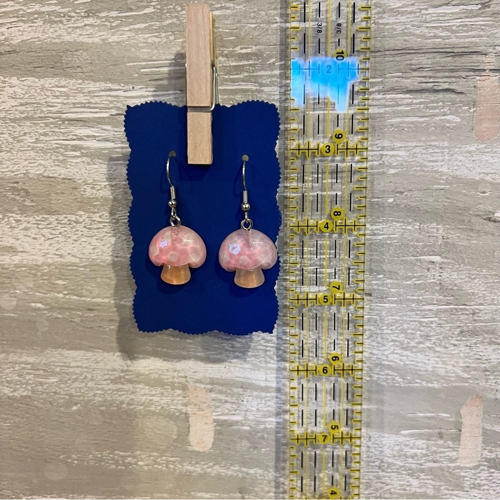 New Pink Resin Mushroom Hanging Earrings - Picture 4 of 5
